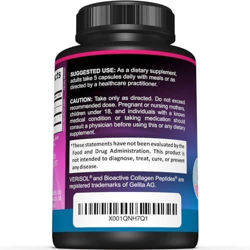 Sunergetic Premium Collagen Peptides Capsules – 2500 mg of VERISOL Collagen Peptides Type 1 & Type 3 – Multi Collagen Supplement to Support
