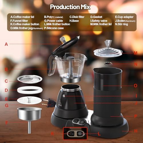 Electric Espresso Machine with Milk Frother 2 in 1 Efficient Moka Pot Coffee Maker with Milkfroth Aluminum One-Touch Operation for Effortless Cappuccinos Lattes Macchiatos White