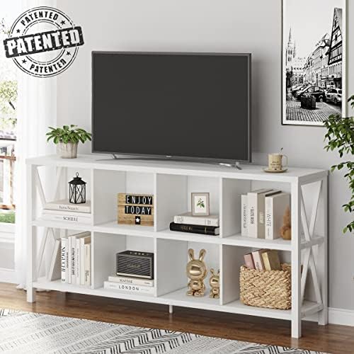 FATORRI 8 Cube Storage Organizer Bookshelf, 62 Inch Wood Horizontal Bookcase, Farmhouse Cube Long Book Shelf