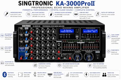 Singtronic KA-3000ProII 3000W Professional Karaoke Mixing Amplifier | DJ/KJ Console with HDMI ARC, 8-Band EQ, USB Recording, Bluetooth, Optical Input