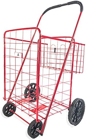 ATH Large Deluxe Rolling Utility / Shopping Cart - Stowable Folding Heavy Duty Cart with Rubber Wheels For Haul Laundry, Groceries, Toys, Sports Equipment, Red