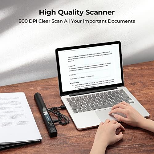 MUNBYN Portable Scanner, 900 DPI Handheld Wand Scanner, A4, 16GB SD, Black | A4 document/photo scanning, JPG/PDF output, flat scanning, USB transfer to PC/laptop, 16GB SD card included, no driver needed