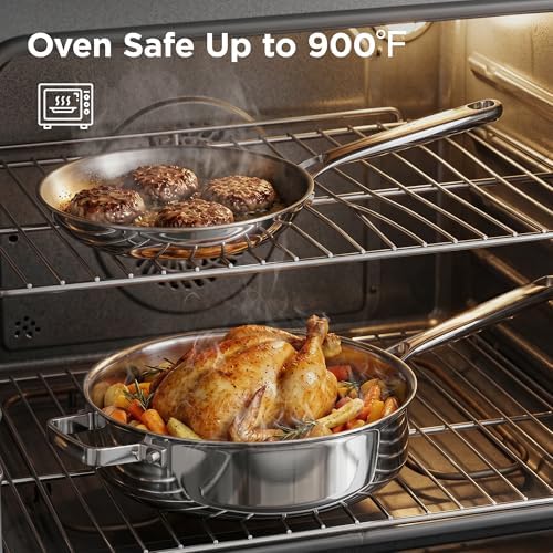 Tri-Ply Stainless Steel Cookware Set, 10pcs Pots and Pans Set Non Toxic | PFOA Free, Oven Safe to 900℉, Dishwasher Safe, All Cooktop Compatible