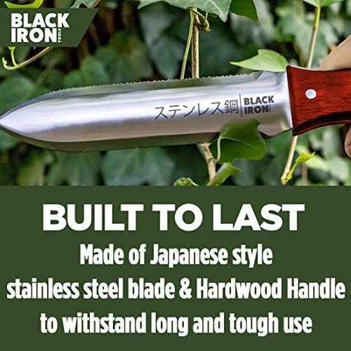 Black Iron Hori Hori Garden Knife [7 Inches, Japanese Stainless Steel] Durable Gardening Tool for Weeding, Digging