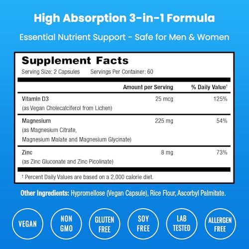 Magnesium Zinc & Vitamin D3 Supplement - Most Bioavailable Forms, Magnesium Glycinate, Malate, Citrate - Bone, Muscle & Heart Health