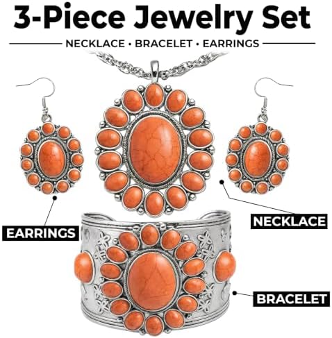 Shop LC Howlite Western Jewelry Set for Women Boho Cowgirl | 3-Piece Necklace Bracelet Earrings, Turquoise-Inspired, Chunky Statement, Southwestern