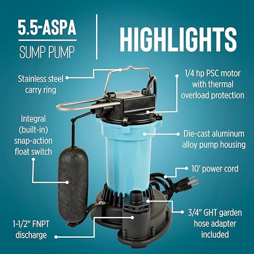 Little Giant 5.5-ASPA 115V, 1/4 HP Aluminum Automatic Sump Pump, 10' Cord | 2100 GPH, Submersible, Integral Snap Action Float Switch