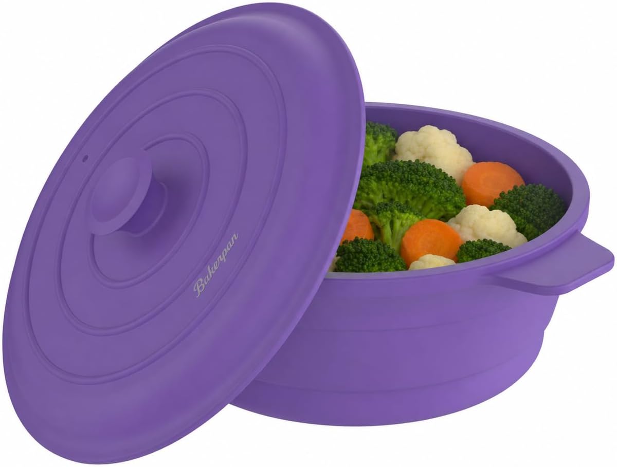 Bakerpan Collapsible Silicone Microwave Vegetable Steamer with Lid - 64 oz Silicone Steamer Pot for Cooking, Steaming & Reheating Food - BPA-Free, Dishwasher Safe