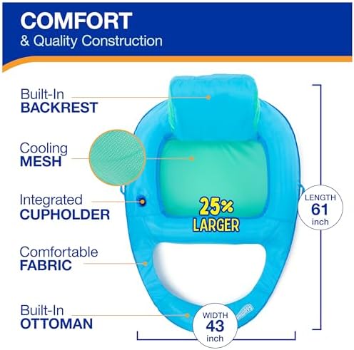 SwimWays Spring Float Recliner Chair for Swimming Pool, Inflatable Pool Floats Adult with Fast Inflation, Cup Holder & Foot Rest for Ages 15 & Up