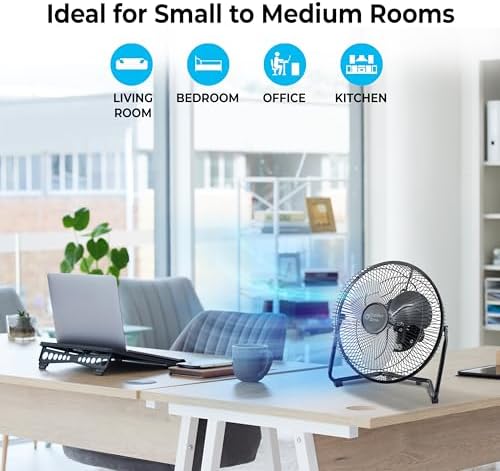 Comfort Zone 9 inch Cradle Fan, 3 Speed Floor or Table Fan with180 Degree Tilt, Metal Construction and Aluminum Blades, Carry Handle, Rubber Feet, Ideal for Bedroom, Workshop, or Garage, Black