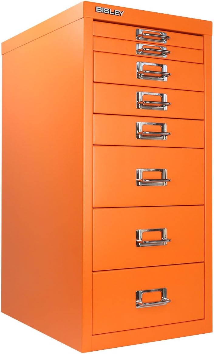 5-Drawer Steel MultiDrawer Cabinet - Orange, by Bisley | Chrome Pull Handles with Label Holders, Powder-Coated Steel, Removable Drawers, Desktop Storage, Labels Included