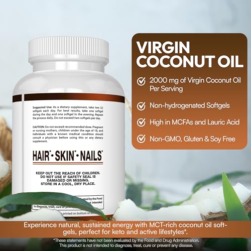 Arazo Nutrition Organic Coconut Oil 2000 MG Per Serving - 100% Extra Virgin Unrefined Cold Pressed for Weight Support, Skin, Hair, Nails - 120 Softgel Capsules