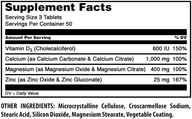 Amazing Formulas Calcium Magnesium Zinc D3-300 Tablets Per Bottle Supplement (Calcium 1000mg - Magnesium 400mg - Zinc 25mg Plus Vitamin D3 600 IU - Per Serving of 3 Tablets)