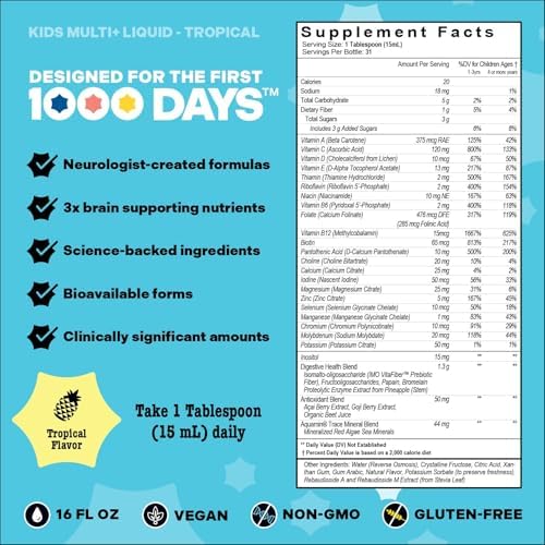 Mama Bird - Award-Winning Kids Multi+ Liquid Vitamins (31 Servings) Tropical - Active Methylated Vitamins, Kids Multivitamin - Organic Superfoods, Enzymes - Vegan, Gluten Free, Non GMO - 16 fl oz