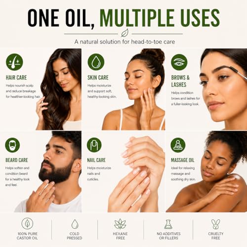 Aria Starr Castor Oil Cold Pressed - 16 FL OZ - 100% Pure Hair Oil For Hair Growth, Face, Skin Moisturizer, Scalp, Thicker Eyebrows And Eyelashes