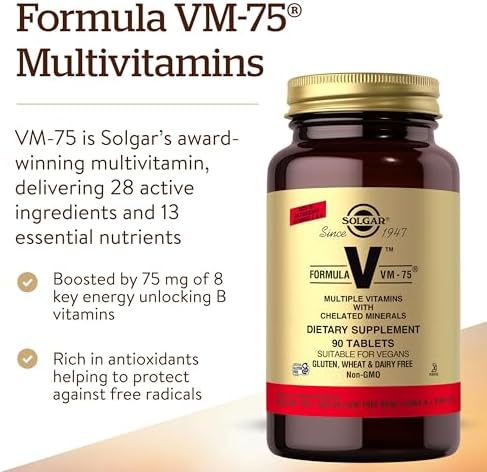 Solgar Formula VM-75, 90 Tablets - Vitamin A, B6, B12, C, D, E, Vegan | Multivitamin with Chelated Minerals - Biotin, Magnesium, Calcium, Iron, Zinc, Gluten Free, Dairy Free, Kosher - 90 Servings