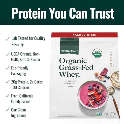 Natural Force Grass Fed Organic Whey Protein Powder – Non GMO Verified, Humane Certified & Lab Tested for Toxins – Real Vanilla Flavor – Keto Friendly, Low Carb, and Kosher - 16 Ounce A2 Protein