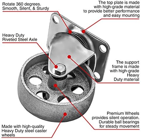 4 All Steel Swivel Plate Caster Wheels w Brake Lock Heavy Duty High-Gauge Steel Gray (3" Combo)