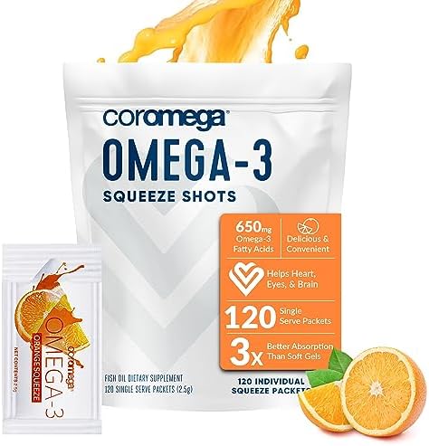 Coromega - Omega 3 Fish Oil Supplement - 30 Squeeze Packets - 650mg | Orange Flavor, 3X Better Absorption Than Softgels, Easy To Take, No Fishy Aftertaste, Convenient Daily Serving