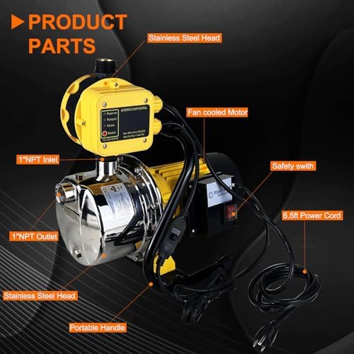 TDRRICH 1HP Water Pressure Booster Pump with Automatic Controller for Whole House, 110v Shallow Well Portable Water Stainless Steel Pump