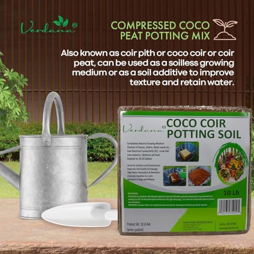 Verdana Coco Coir Potting Soil Brick - 10 lb Compressed Coconut Coir Block, Expands to 72 Quarts / 18 Gallons, Peat Moss Alternative for Seed Starting