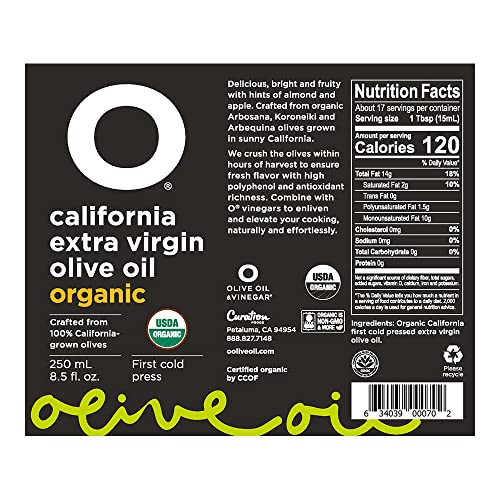 O Olive California Organic Extra Virgin Olive Oil Glass Bottle 8.5 Fl Oz