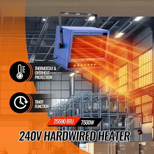 TEMPWARE 240V Hardwired Electric Garage Heater 7500W with Remote Control | Fan-Forced Shop Heater with 12H Timer, Overheat Protection