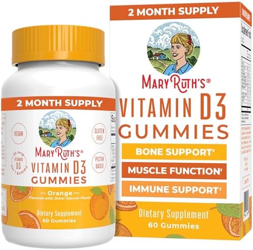 MARYRUTH'S Vitamin D3 Gummies, Adults & Kids Vitamin D, 60 Servings, Vegan | 2 Month Supply, Immune Support Supplement, 1000IU for Bone Health & Muscle Function, Vegan, Non-GMO, Gluten Free, 60 Count