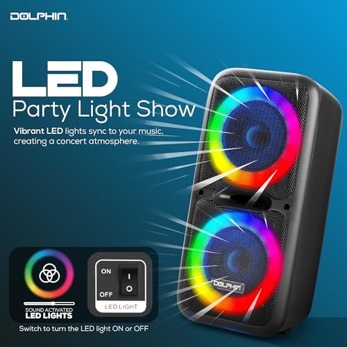 Dolphin Bluetooth Party Speaker with Wired Microphone, Dual 12" Woofers | 5-Band EQ, Hi-Fi Amplifier, Multicolor LED Lights, USB & AUX Playback