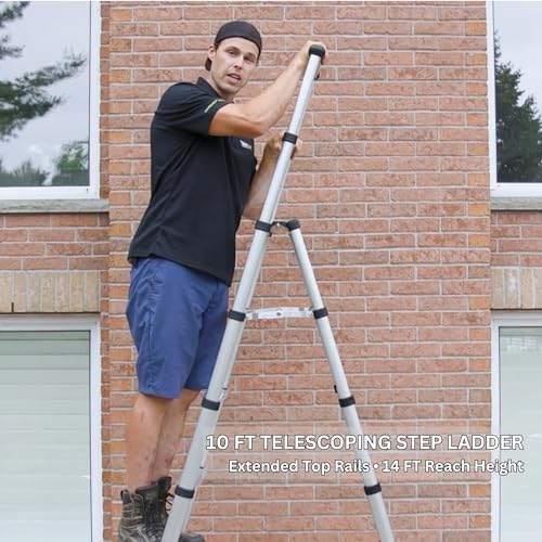 Telesteps 14ES Telescoping A-Frame Ladder – 10 ft Height, 14 ft Reach | Type 1AA 375 lb Rated | One-Touch Folding Aluminum Ladder with Stair Offset