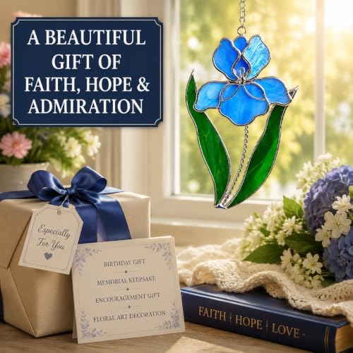 Blue Iris Stained Glass Suncatcher 7x4 Inch – Real Stained Glass Silver Plated Hanging Flower Ornament – Christian Symbol of Faith Wisdom Hope