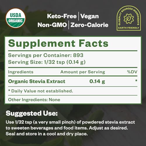 Organic Stevia Extract Powder, Sugar Alternative for Baking and Beverages, Concentrated Formula, Zero Calorie, Non-GMO, Keto Friendly, 892 Servings