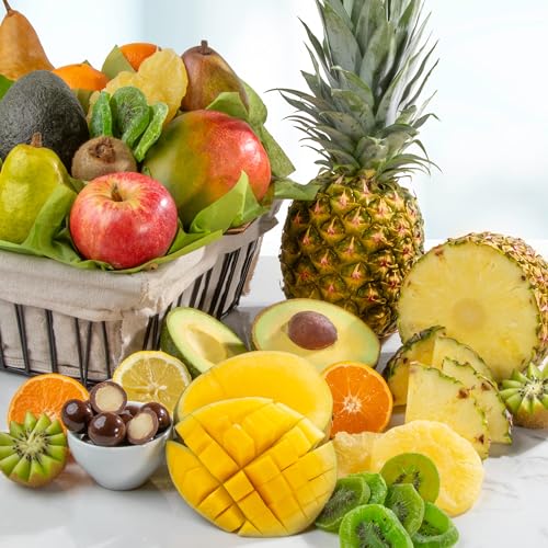 A Gift Inside Fresh Fruit Basket with Tropical Fruit, Pears, Apples & Dried Fruit – Gourmet Fruit Gift Basket for Every Occasion