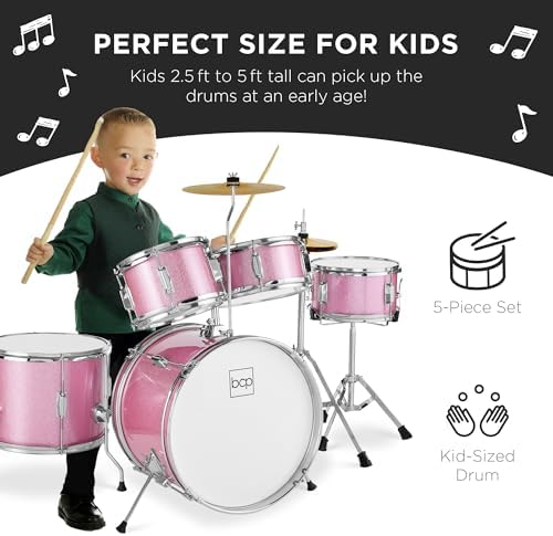 Best Choice Products Kids 5-Piece Beginner Drum Set Junior Kit, Starter Percussion w/Cymbals, Pedal, Drumsticks, Stool, Toms, Snare, Hi Hat - Black