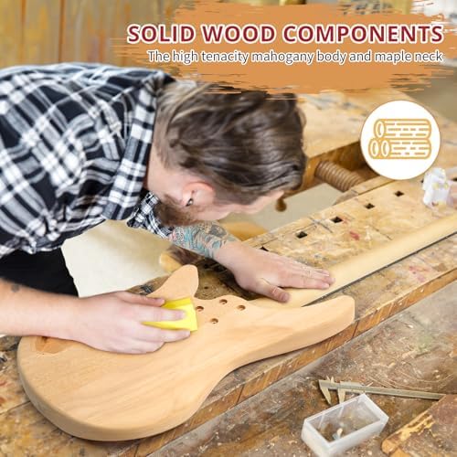 Ktaxon DIY Electric Guitar Kit, 44Inch DIY Bass Guitar Kit (KIB) | Mahogany Body, Solid Wood Fingerboard and Maple Neck, Easy Installation & All Accessories Included to Build Your Own Guitar
