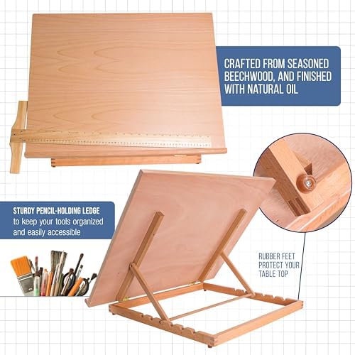 U.S. Art Supply X-Large 26" x 21" Wooden Drawing Board, Adjustable Table Top Easel for Painting and Drawing - Drafting Board with T-Square