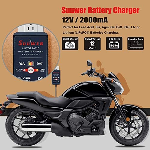 Suuwer Automatic Trickle Battery Charger, 12V 2000mA Battery Maintainer | for Car Motorcycle ATV Boat and More, With 12FT DC Cable