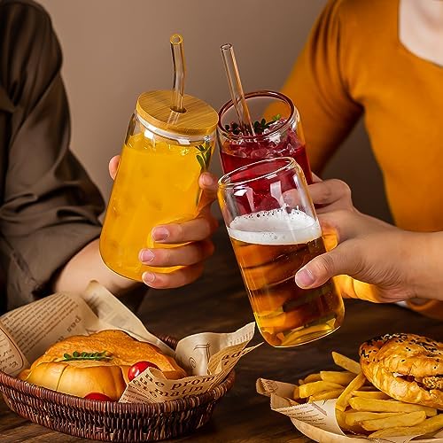 16 Oz Drinking Glasses - 6 Pcs Glass Cups with Bamboo Lids and Straws | Food-grade durable clear tumbler, Coffee bar accessories, Aesthetic gift