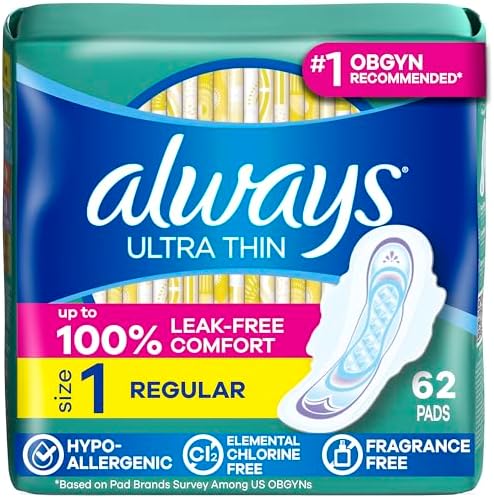 Always Ultra Thin Feminine Pads with Wings for Women, Size 1, Regular Absorbency, Unscented, Up to 100% Leak-Free Protection, 46 Count