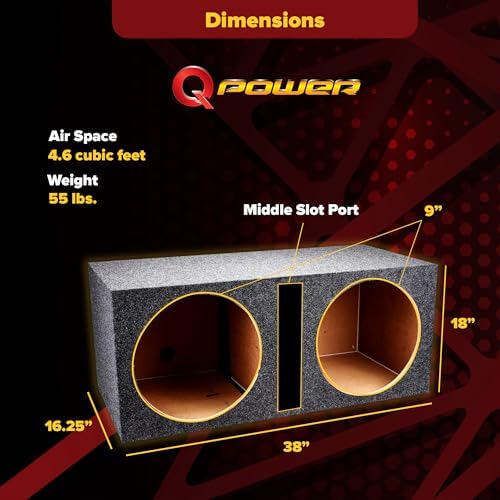 QPower QBASS 15 Inch Heavy Duty MDF Car Audio Stereo Speakers Subwoofer Sub Box Enclosure with Dual Vented Chamber and Charcoal Carpet