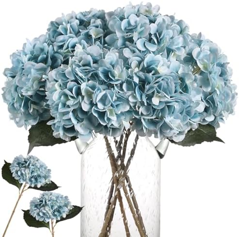 Kisflower 6pcs White Hydrangea Artificial Flowers - Faux Hydrangea Flowers, Fake Silk Flowers for Table Centerpiece
