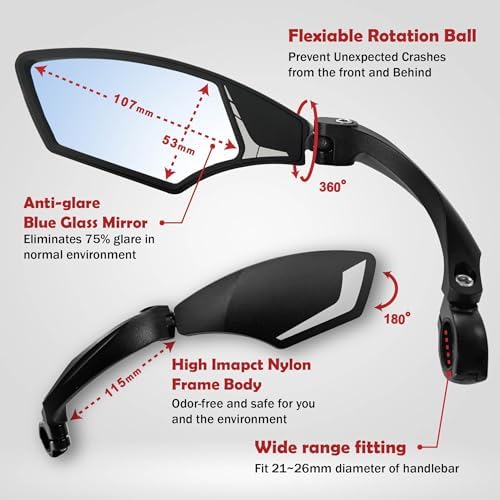 Hafny Handlebar Bike Mirror – HD Glass, Wide Angle, Adjustable 360° Rear View – Shatterproof, Anti-Glare, Premium, MTB, E-Bike, and Commuter Cycling Safety, HF-MR095 (Silver Left)