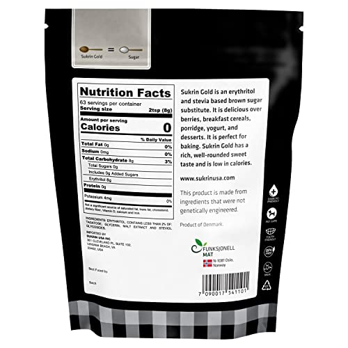 SUKRIN GOLD 100% Natural Sugar Free Brown Sugar Substitute with Erythritol & Stevia Brown Sugar Zero Calorie Sweetener, Granulated Gluten Free Non-GMO Kosher Blood Sugar Vegan Keto Friendly, 1.1LB Bag