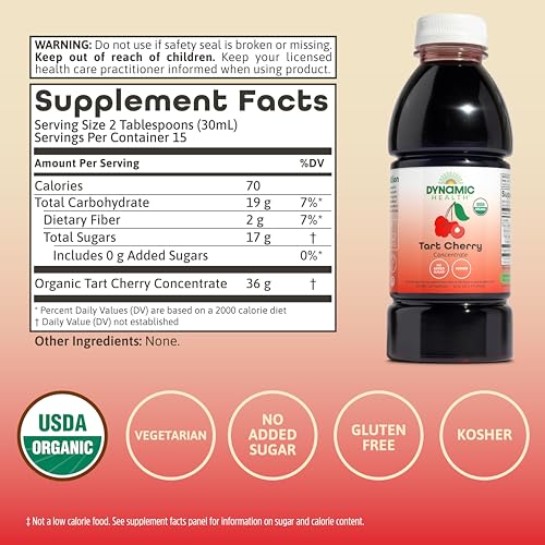 DYNAMIC HEALTH Organic 100% Tart Cherry Juice Concentrate, 32 fl oz | Antioxidant Support, Unsweetened, No Additives, 31 Servings, Vegan, Gluten Free