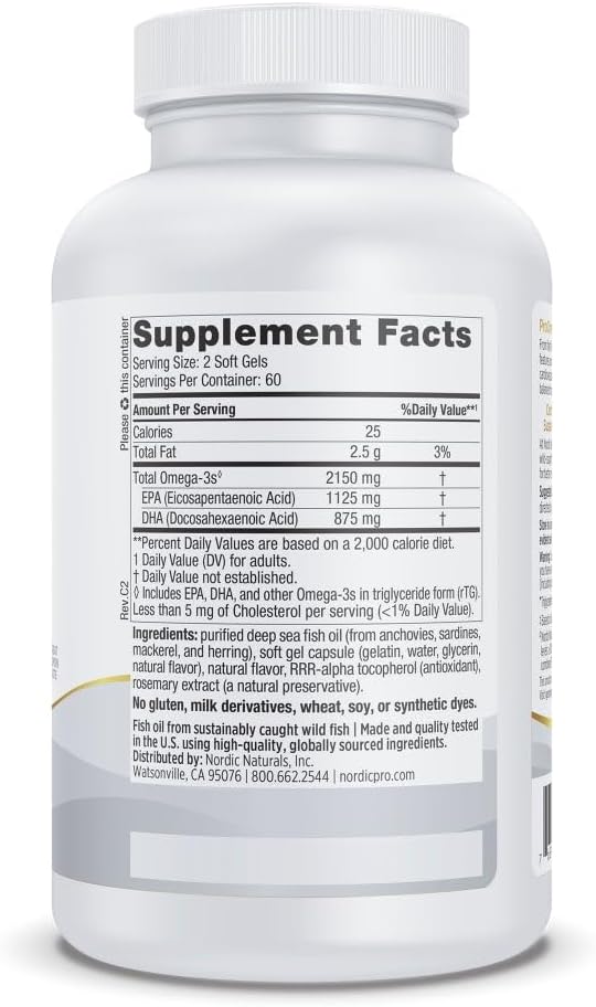 Nordic Naturals ProOmega-3, 2150 mg, EPA & DHA Fish Oil, Lemon - 120 Count | Ultra high-potency EPA & DHA fish oil supports brain, heart, eye & immune health. 2150 mg omega-3. Non-GMO. 60 servings