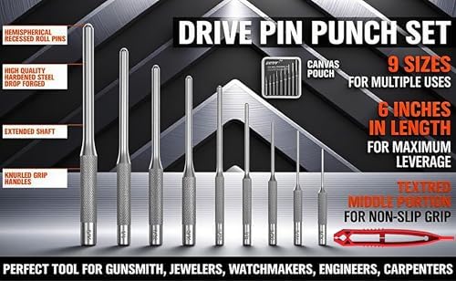9-Piece Roll Pin Punch Set - Fast Pin Removal - Durable Steel & Construction - For Automotive, Firearm Maintenance, Watch