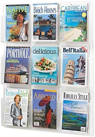 Safco Reveal Literature Rack, 9 Compartments Magazine Holder, Wall-Mounted Brochure Organizer, Acrylic, Clear