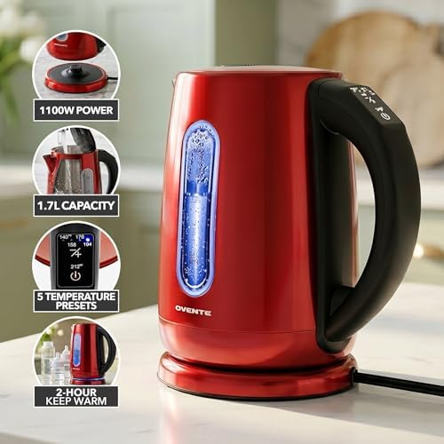 OVENTE 1.7L Electric Kettle with Temperature Control, 1100W, Red KS58R | Stainless Steel Water Boiler and Heater, Keep Warm Function, Auto Shut-Off