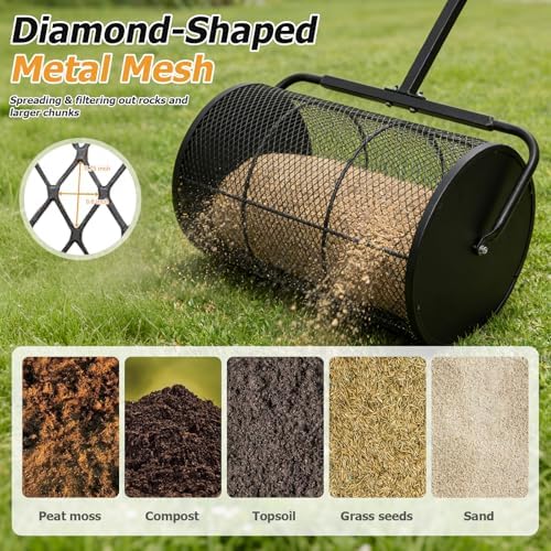Compost Spreader 24in Peat Moss Spreader - U Shaped Comfortable Handle & Adjustable Height Powder-Coated Metal Mesh Hand Fertilizer Spreader for