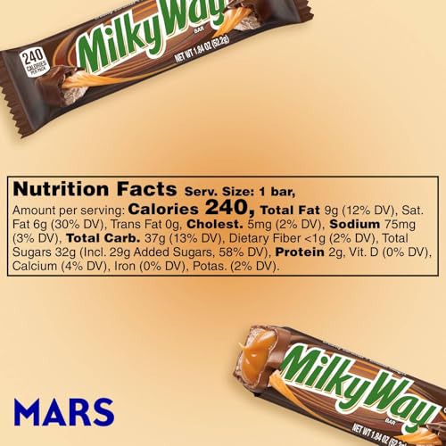 MILKY WAY Milk Chocolate Caramel Candy Bars, Full Size, Bulk Box, 36 ct | Caramel and nougat in milk chocolate bars, individually wrapped for sharing, party favors, movie nights, gift bag, baking